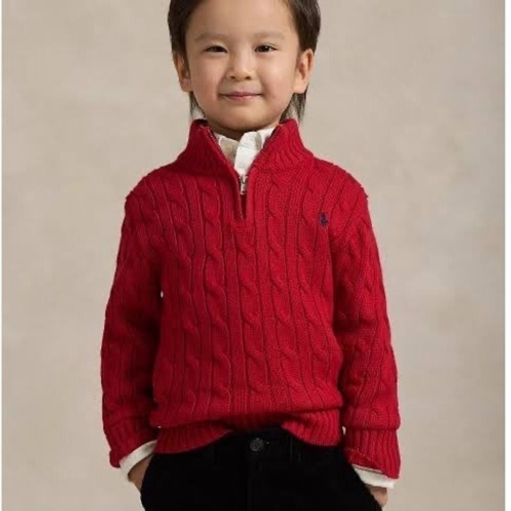 Polo Ralph Lauren Boys Red Cable Knit Quarter Zip Cotton Sweater Size 5